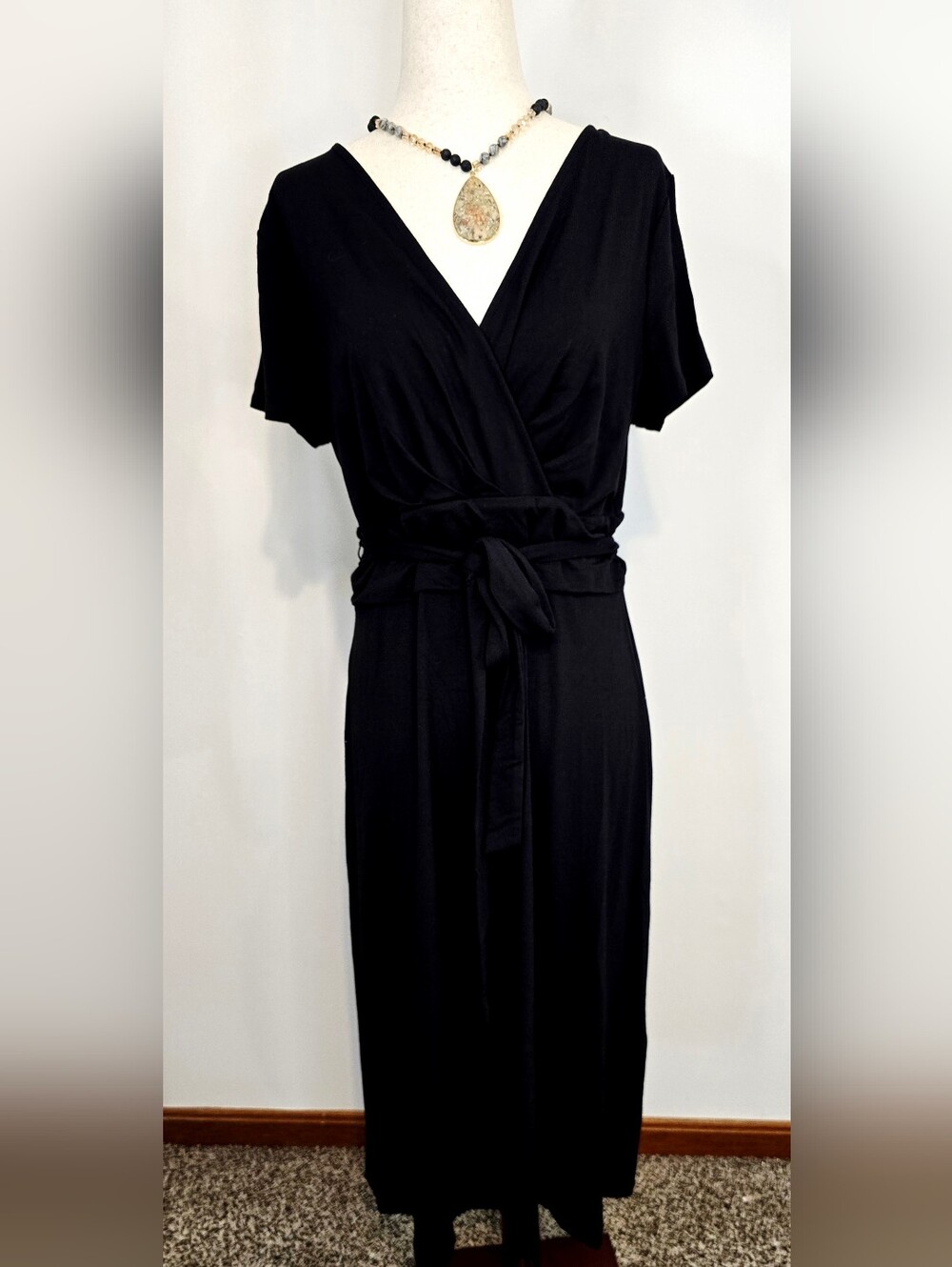 Talbots NWT Black Faux Wrap Midi Dress Tie Waist Classic Career Cocktail Capsule